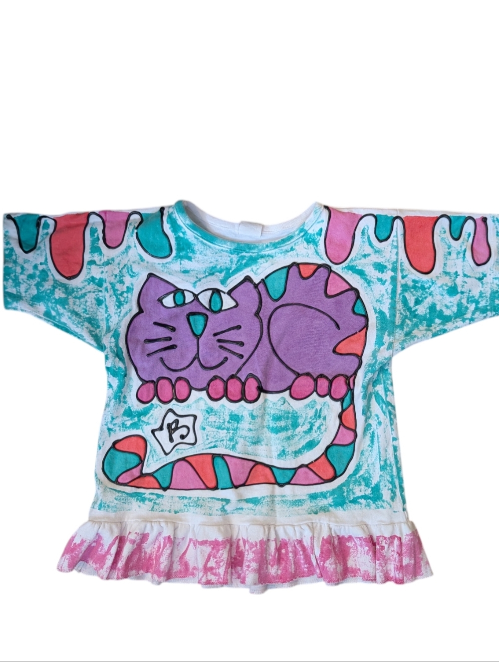 80s Vintage Hand Painted Puffy Paint Cat Art Girls Cotton Shirt‎